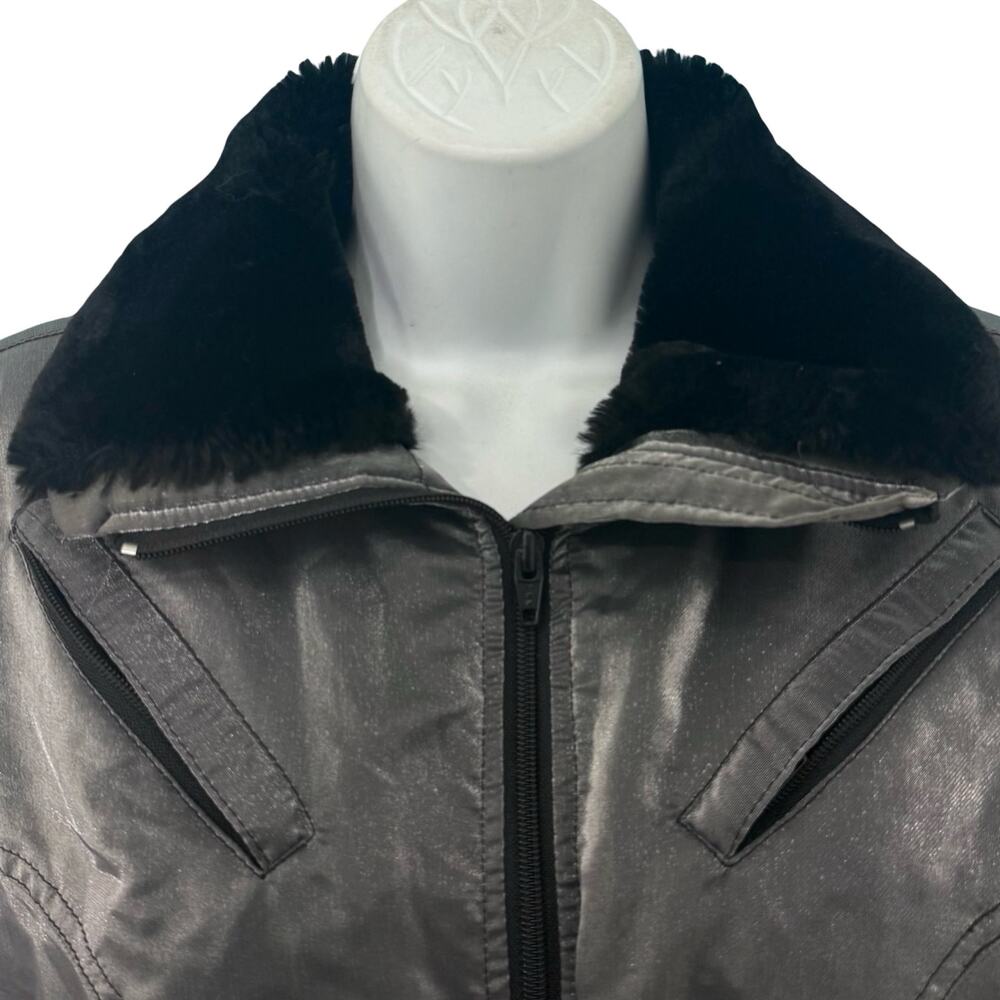 Vintage 90s Nils Silver Metallic Black Faux Fur Collar Ski Suit One Piece Size S - Picture 14 of 16